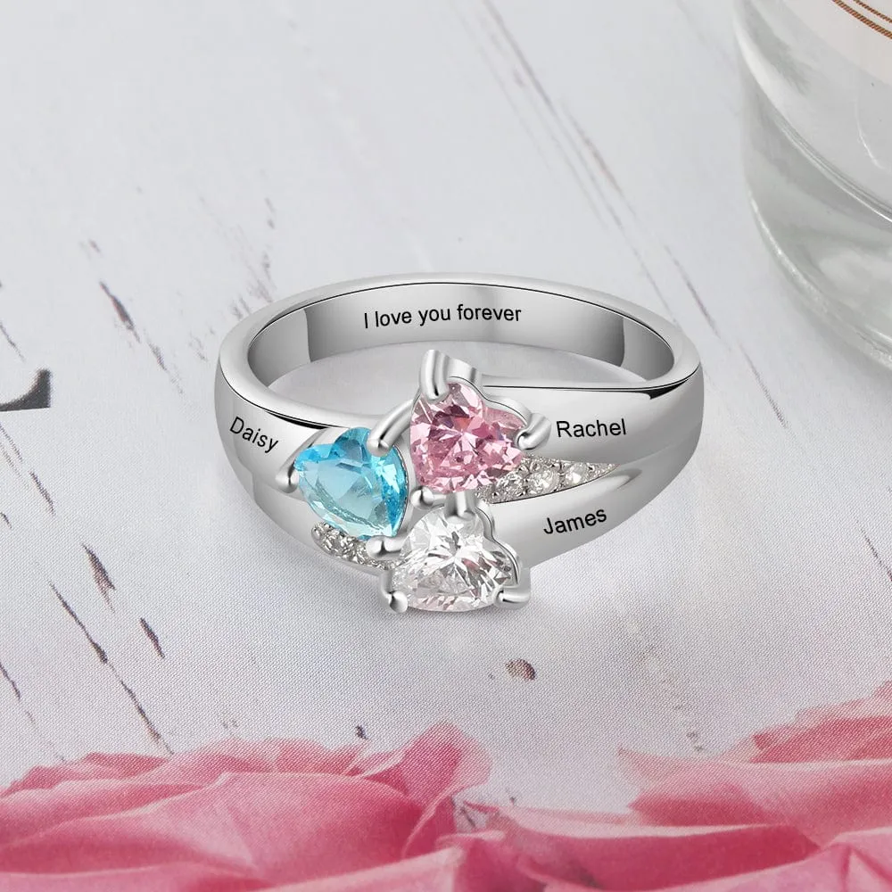 .925 Sterling Silver Flower Birthstone Family Ring with Laser Engraved Names Plus Message Inside the Ring