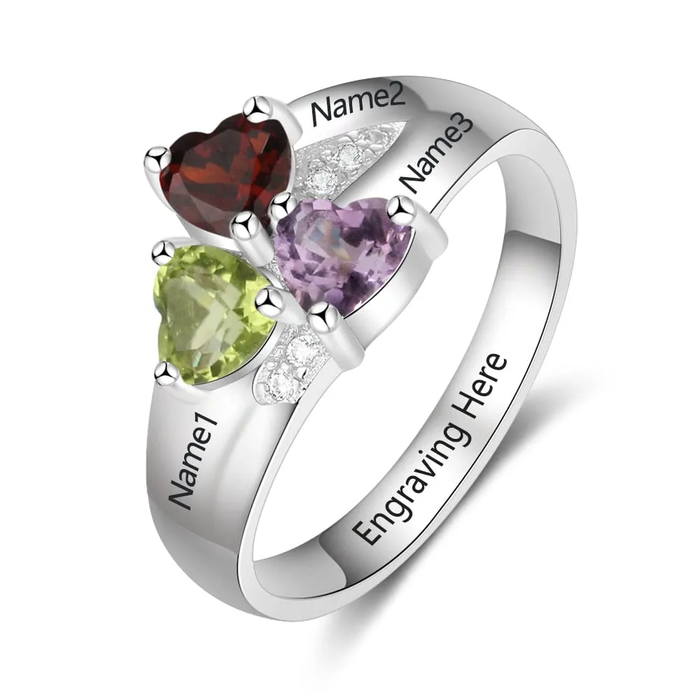 .925 Sterling Silver Flower Birthstone Family Ring with Laser Engraved Names Plus Message Inside the Ring