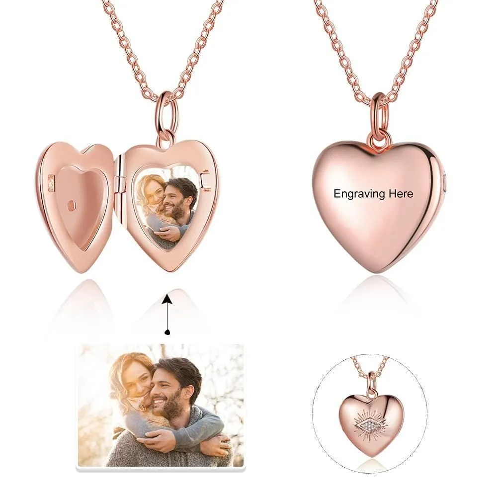 .925 Sterling Silver Personalized Heart Locket with Photo and engraving on the Front and 14K Gold plating