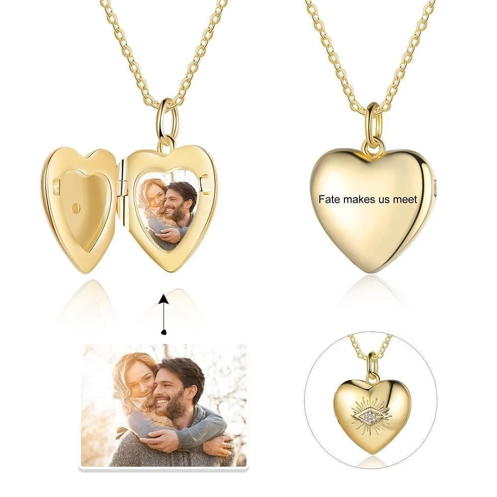 .925 Sterling Silver Personalized Heart Locket with Photo and engraving on the Front and 14K Gold plating