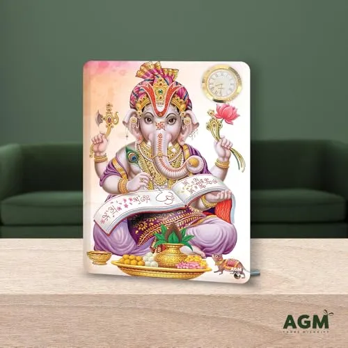 AGM Acrylic Ganesha Desktop Photo Stand with Small Clock 8x6 inches (Portrait), Table-top for Home, Office, Workspace, Shelf, Religious Gift for Special Occasions (PASTEL PURPLE, 3MM THICKNESS)