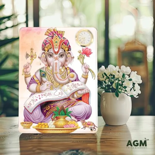 AGM Acrylic Ganesha Desktop Photo Stand with Small Clock 8x6 inches (Portrait), Table-top for Home, Office, Workspace, Shelf, Religious Gift for Special Occasions (PASTEL PURPLE, 3MM THICKNESS)