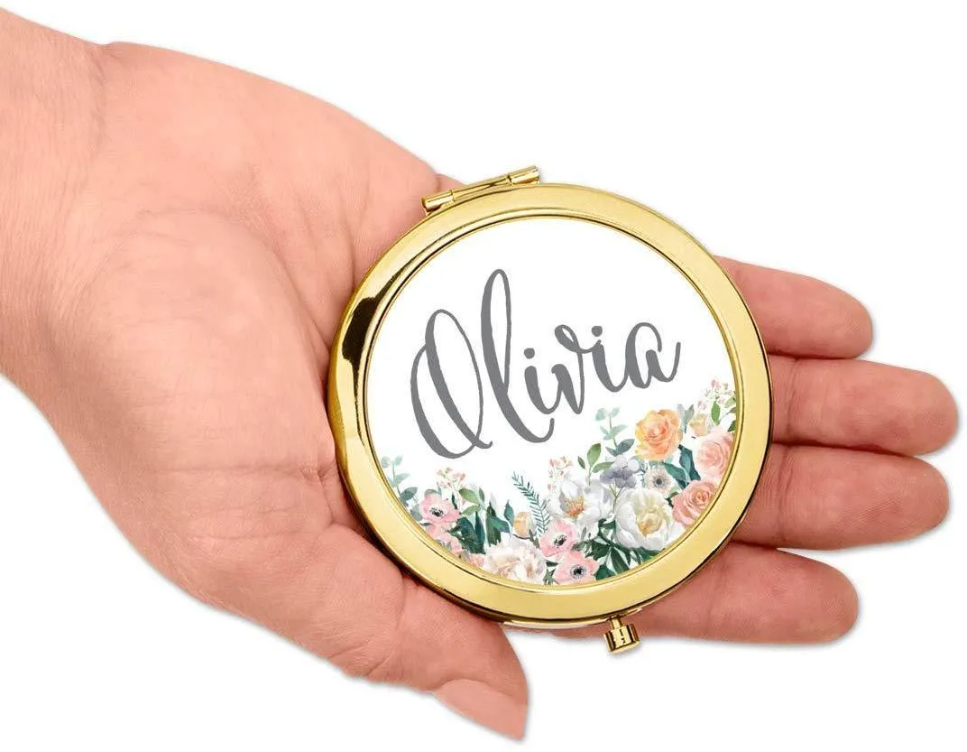 Andaz Press Personalized Peach Flower Florals on White Monogram Gold Compact Mirror