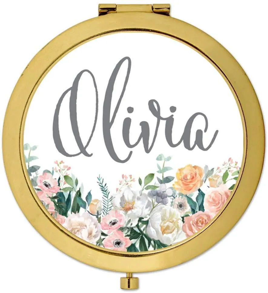 Andaz Press Personalized Peach Flower Florals on White Monogram Gold Compact Mirror