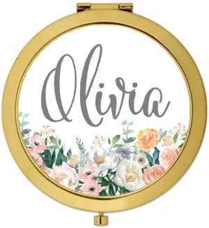 Andaz Press Personalized Peach Flower Florals on White Monogram Gold Compact Mirror