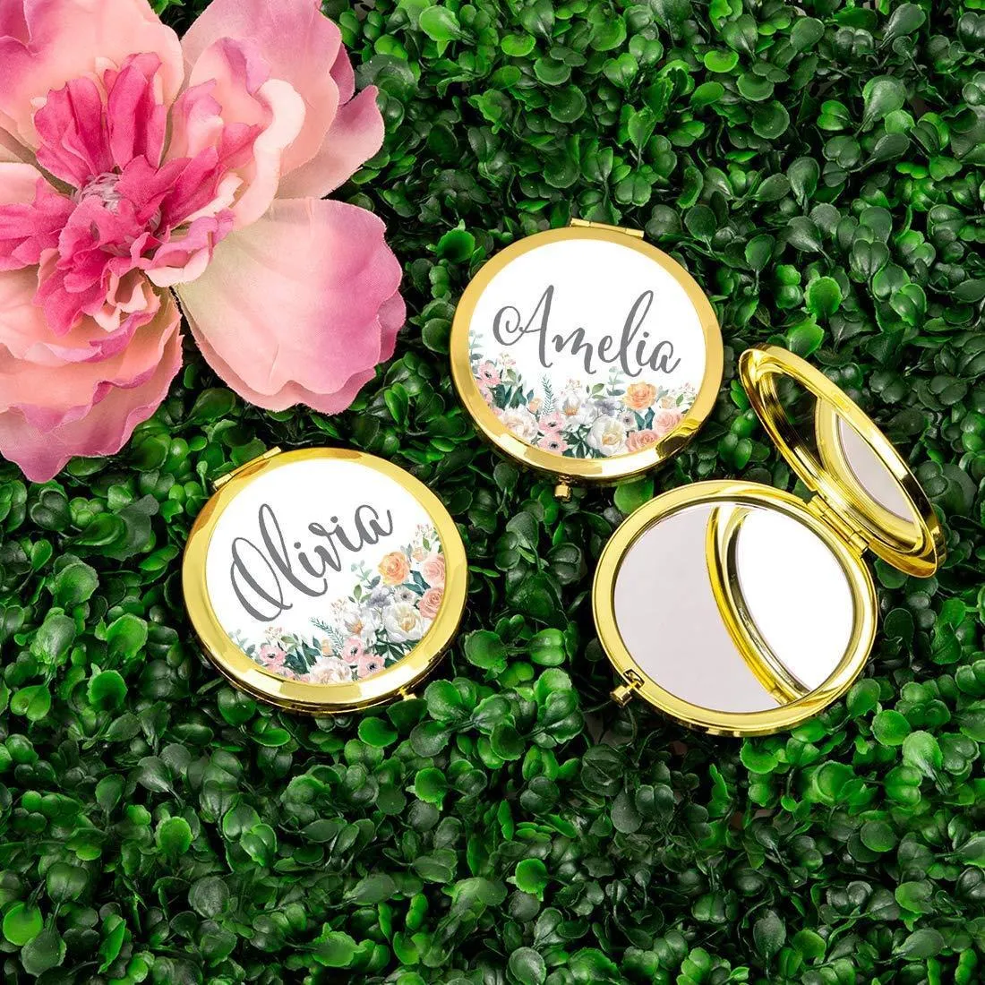 Andaz Press Personalized Peach Flower Florals on White Monogram Gold Compact Mirror