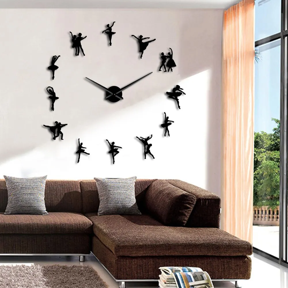 Ballerina Wall Art DIY Large Wall Clock Big Needles Frameless Giant Ballet Dancer Wall Clock Oversized Dancing Girls Clock Watch