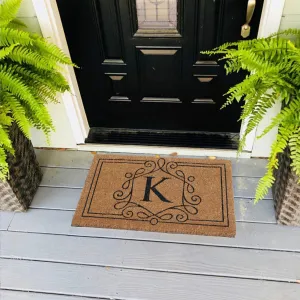 Custom Initial Coir Doormat with Elegant Swirl Border Design