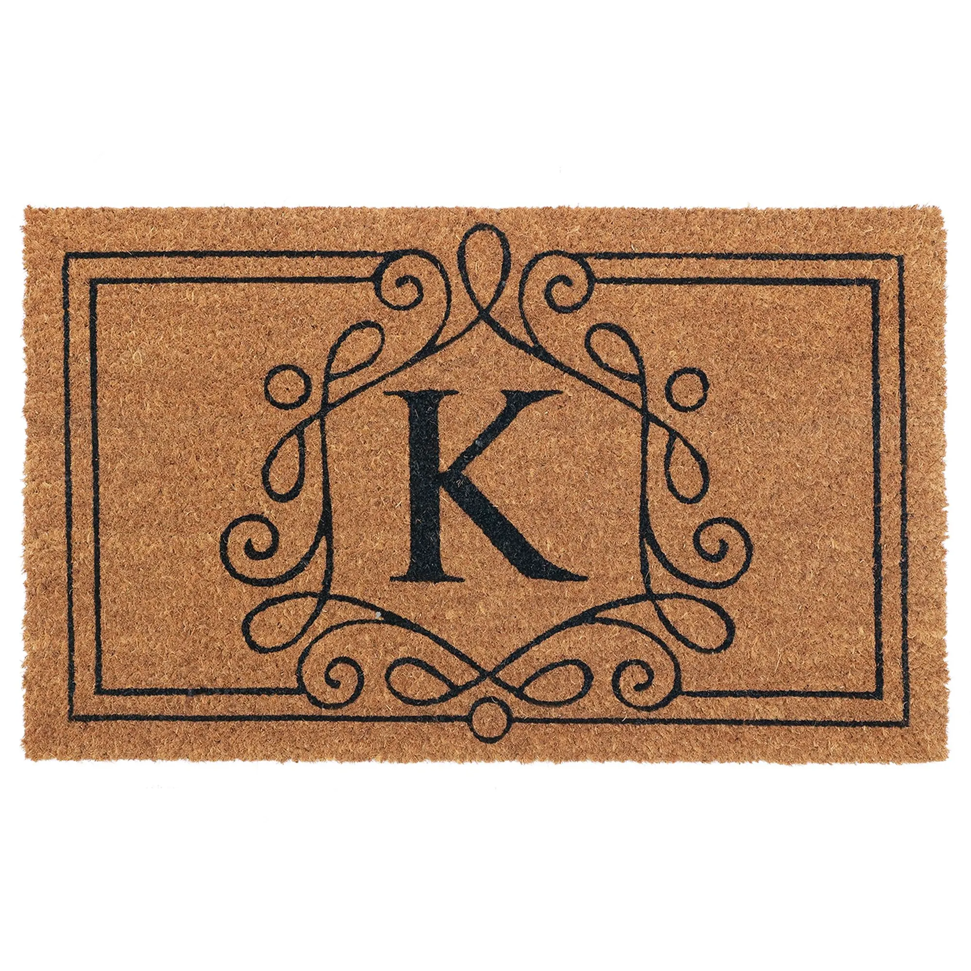 Custom Initial Coir Doormat with Elegant Swirl Border Design