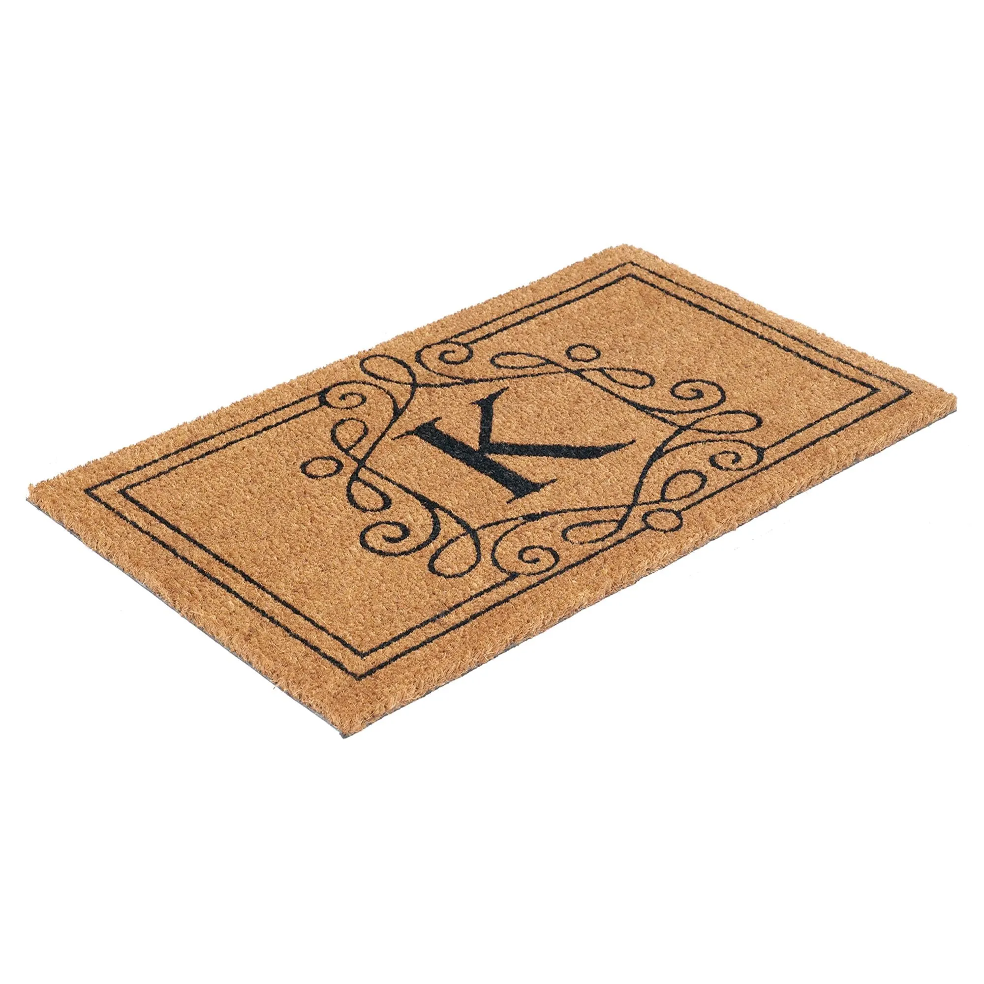 Custom Initial Coir Doormat with Elegant Swirl Border Design