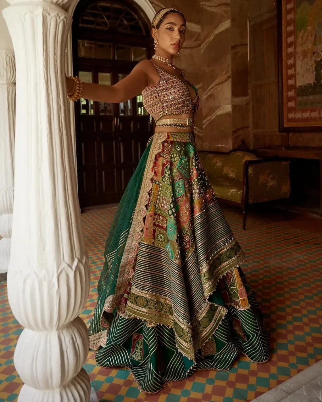 Deep Green Abstract Jamawar Lehenga Set