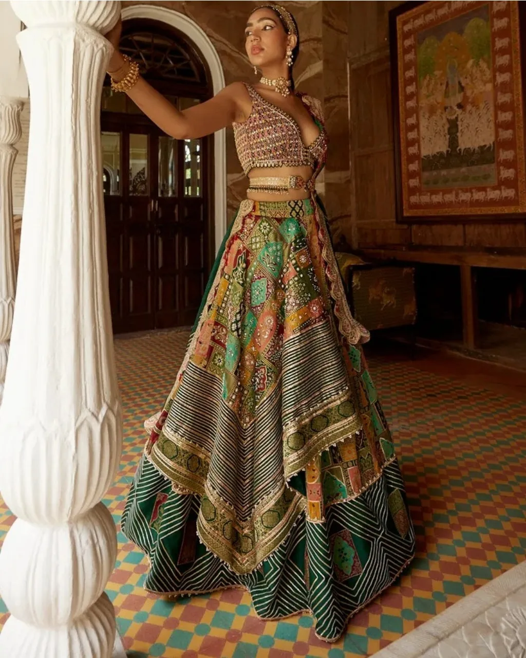 Deep Green Abstract Jamawar Lehenga Set