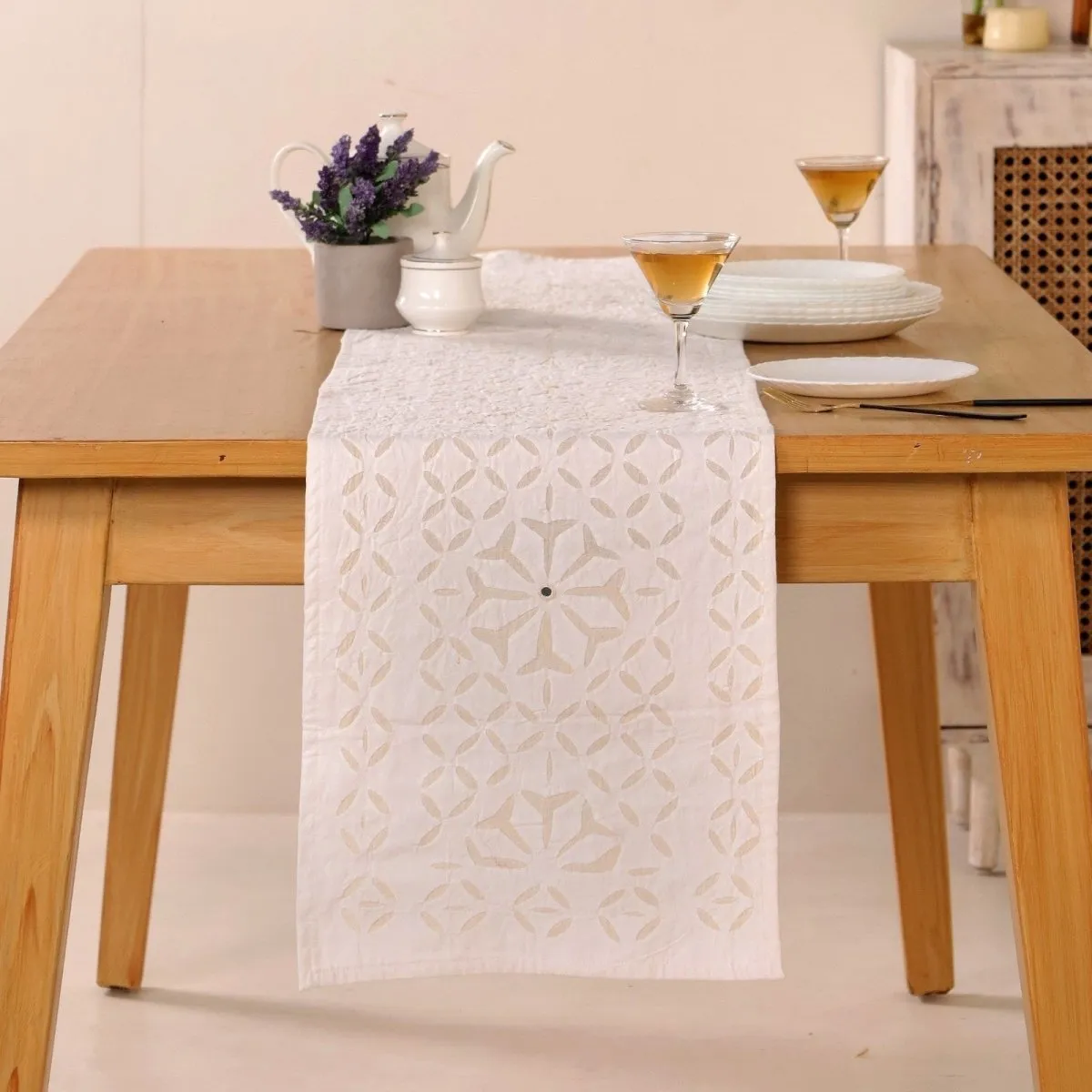 Dining Table Runner In Lily White Applique Cutwork Cotton With Mirrors | Handmade In India