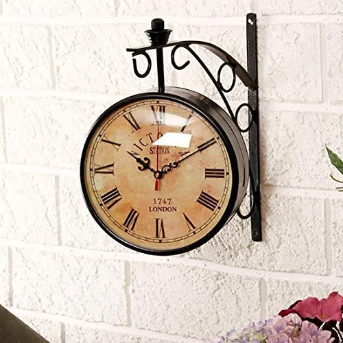 EFINITO 12 Inch Dial Vintage Antique Victoria Black Station Double Sided Metal Wall Clock