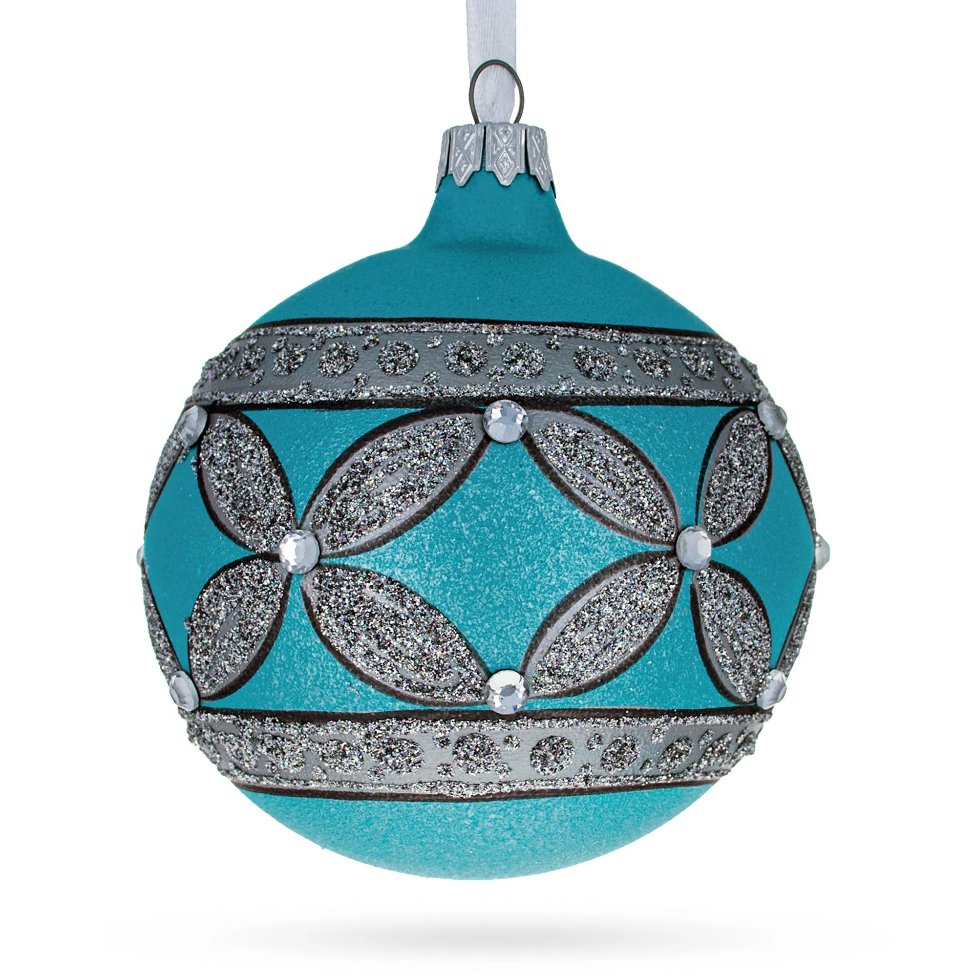 Exquisite Craftsmanship: American Art Nouveau Cross With Diamonds Blown Glass Ball Christmas Ornament 3.25 Inches