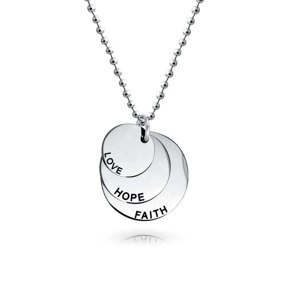 Faith Hope Love Dog Tag Circle Disc Pendant Necklace Stainless Steel