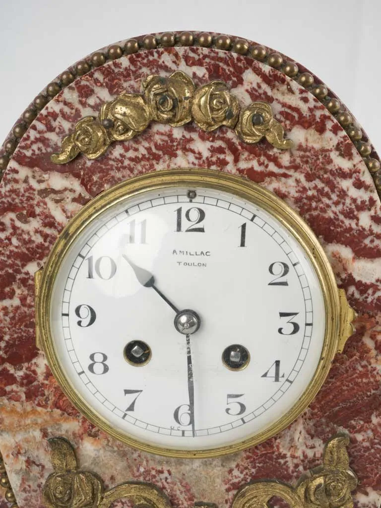 French red marble mantle clock and garnitures 13"