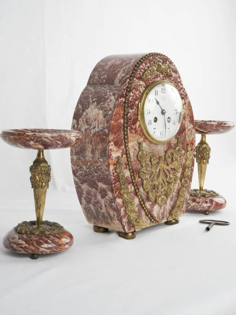 French red marble mantle clock and garnitures 13"