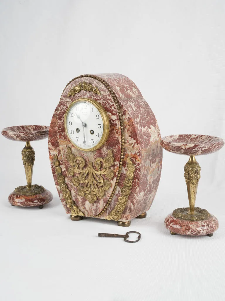 French red marble mantle clock and garnitures 13"