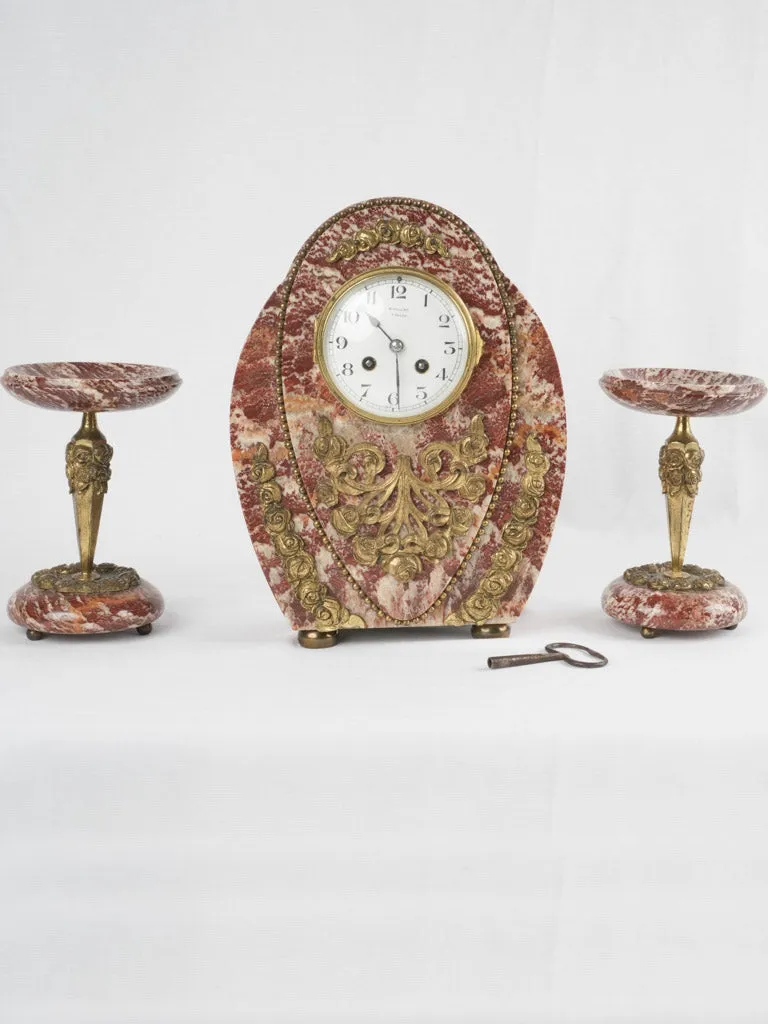 French red marble mantle clock and garnitures 13"