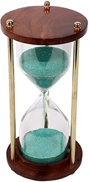 Handcrafted Hourglass Brass Sand Timer Antique Finish Nautical Sea Green Sand Timer with Wooden Base for Home & Office Desk Decor (5min)