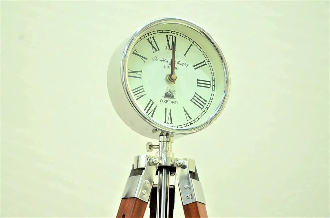 Handmade Designer Chrome Finish Stylish Clock with Adjustable Wooden Brown Tripod for Home and Office Decor - UTC