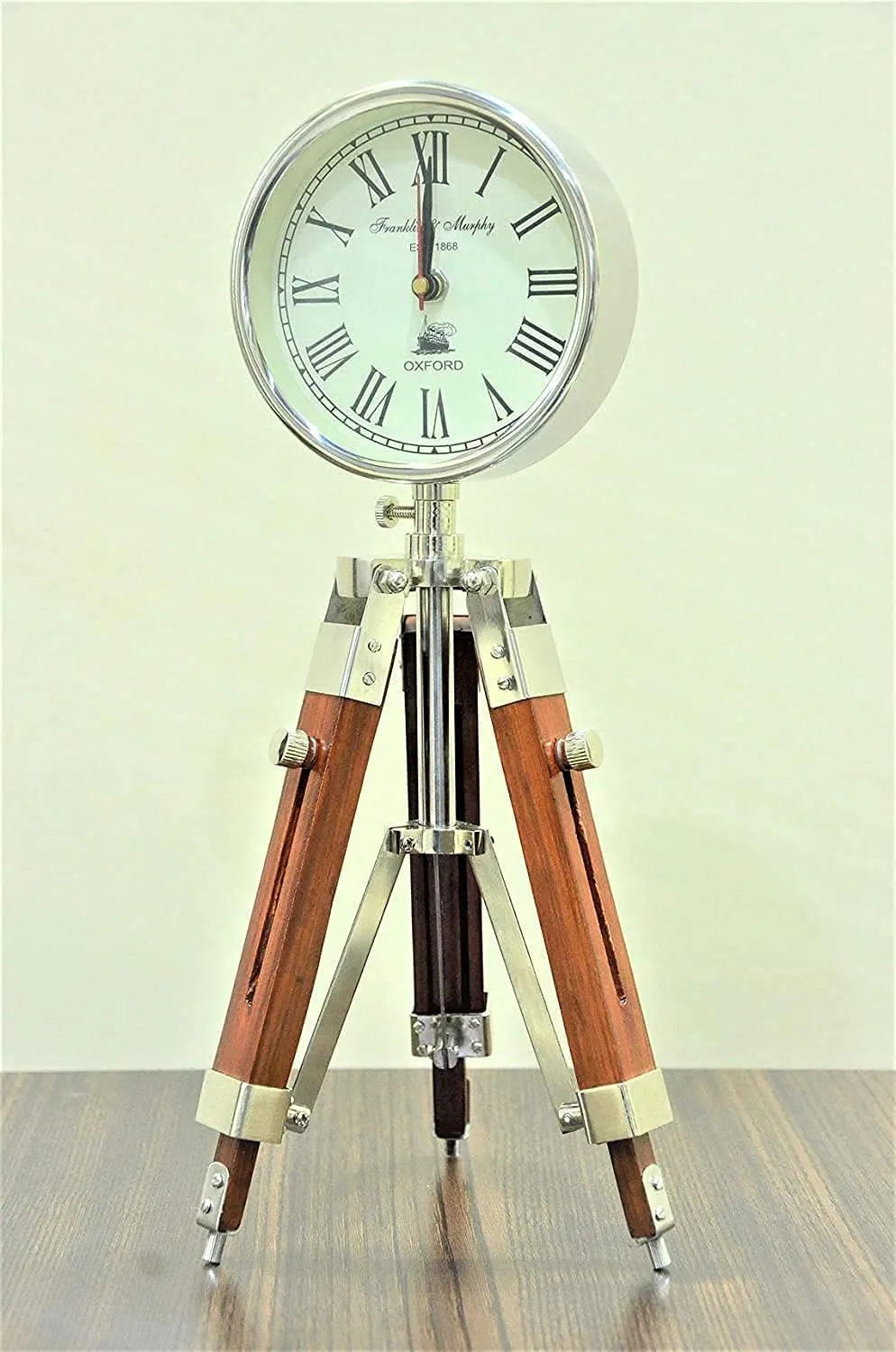 Handmade Designer Chrome Finish Stylish Clock with Adjustable Wooden Brown Tripod for Home and Office Decor - UTC