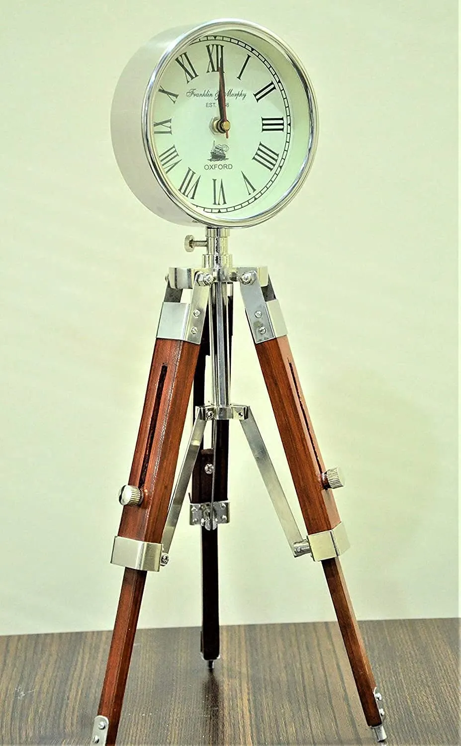 Handmade Designer Chrome Finish Stylish Clock with Adjustable Wooden Brown Tripod for Home and Office Decor - UTC