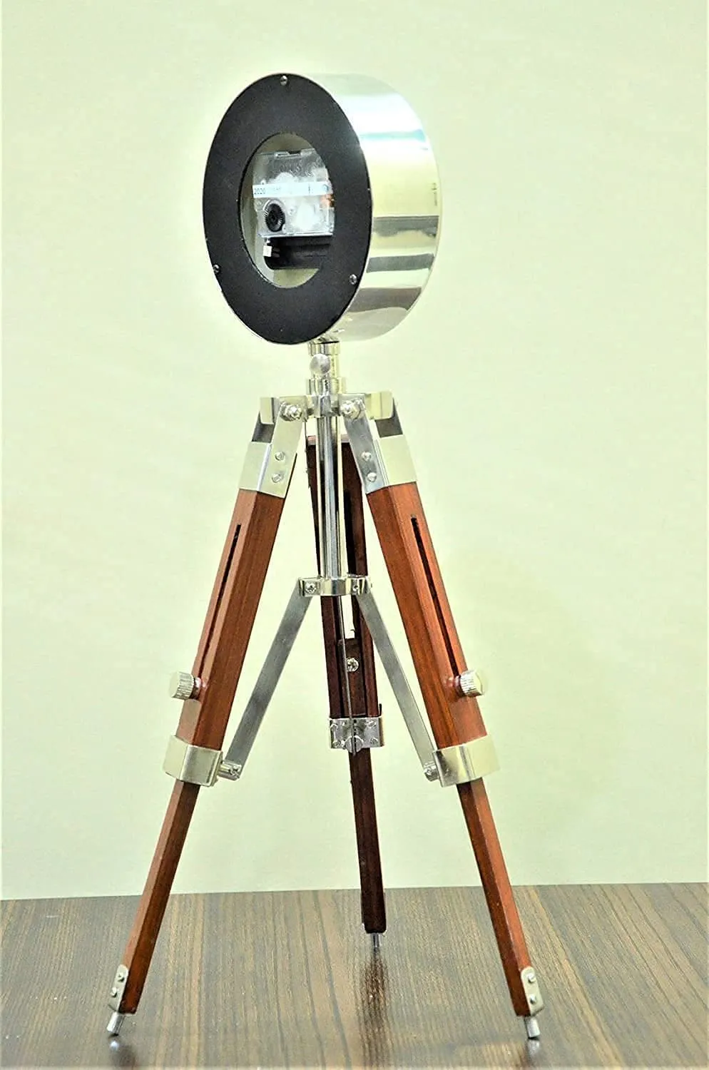 Handmade Designer Chrome Finish Stylish Clock with Adjustable Wooden Brown Tripod for Home and Office Decor - UTC