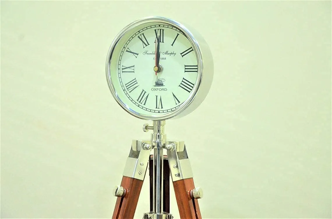 Handmade Designer Chrome Finish Stylish Clock with Adjustable Wooden Brown Tripod for Home and Office Decor - UTC