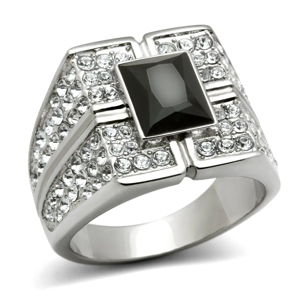 High polished (no plating) Stainless Steel Ring with Synthetic Synthetic Glass in Jet for Women Style TK320