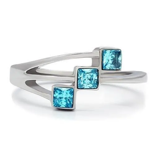 High polished (no plating) Stainless Steel Ring with Synthetic Synthetic Glass in Sea Blue for Women Style TK180