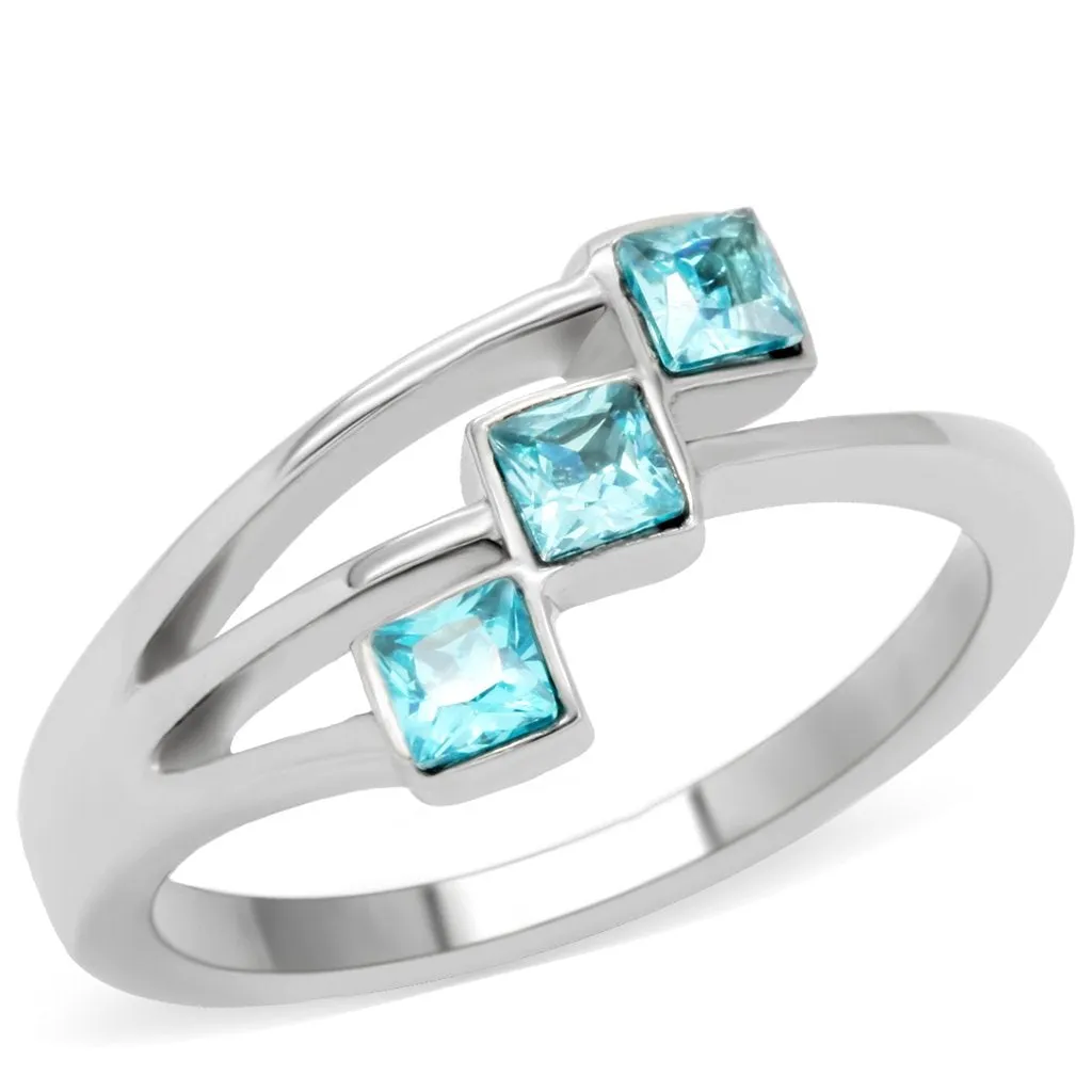 High polished (no plating) Stainless Steel Ring with Synthetic Synthetic Glass in Sea Blue for Women Style TK180