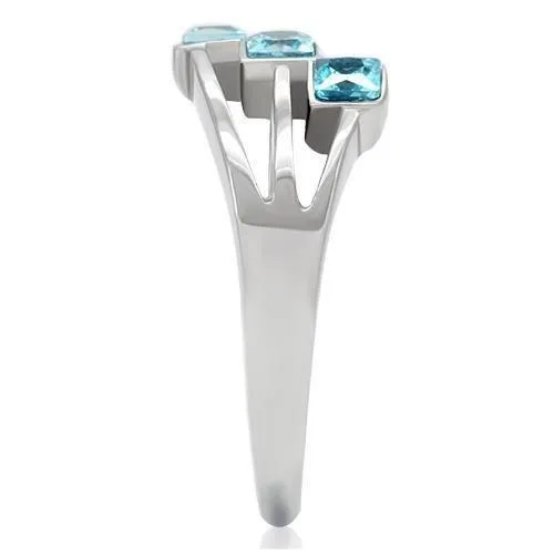 High polished (no plating) Stainless Steel Ring with Synthetic Synthetic Glass in Sea Blue for Women Style TK180