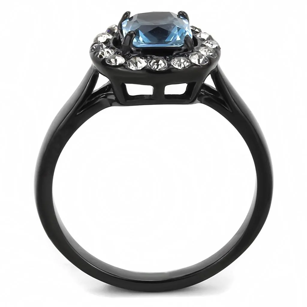 IP Black(Ion Plating) Stainless Steel Ring with Synthetic Synthetic Glass in Sea Blue for Women Style TK3443