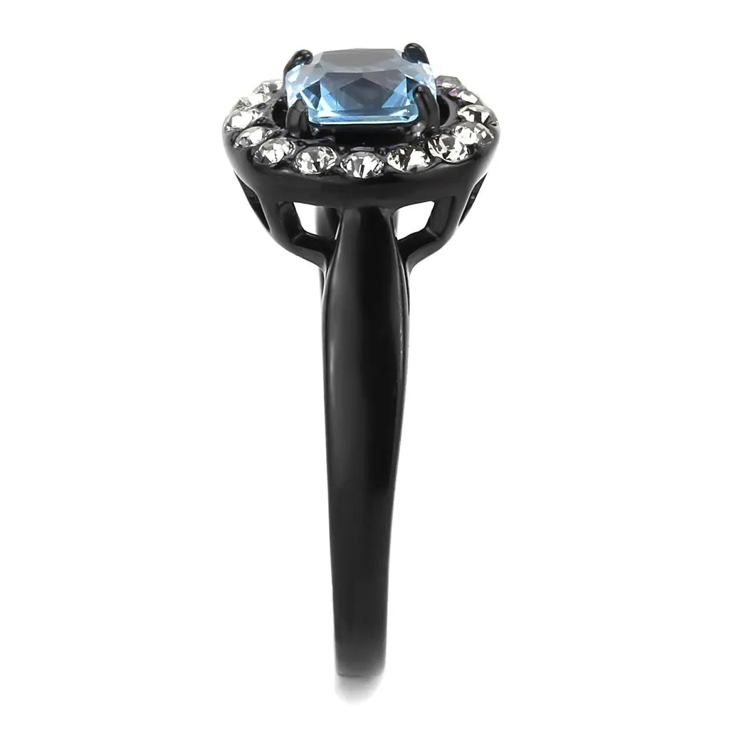 IP Black(Ion Plating) Stainless Steel Ring with Synthetic Synthetic Glass in Sea Blue for Women Style TK3443