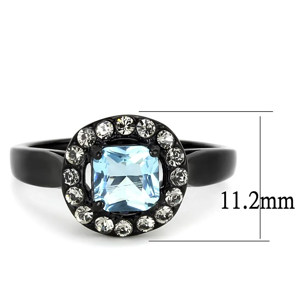 IP Black(Ion Plating) Stainless Steel Ring with Synthetic Synthetic Glass in Sea Blue for Women Style TK3443