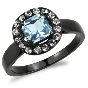 IP Black(Ion Plating) Stainless Steel Ring with Synthetic Synthetic Glass in Sea Blue for Women Style TK3443