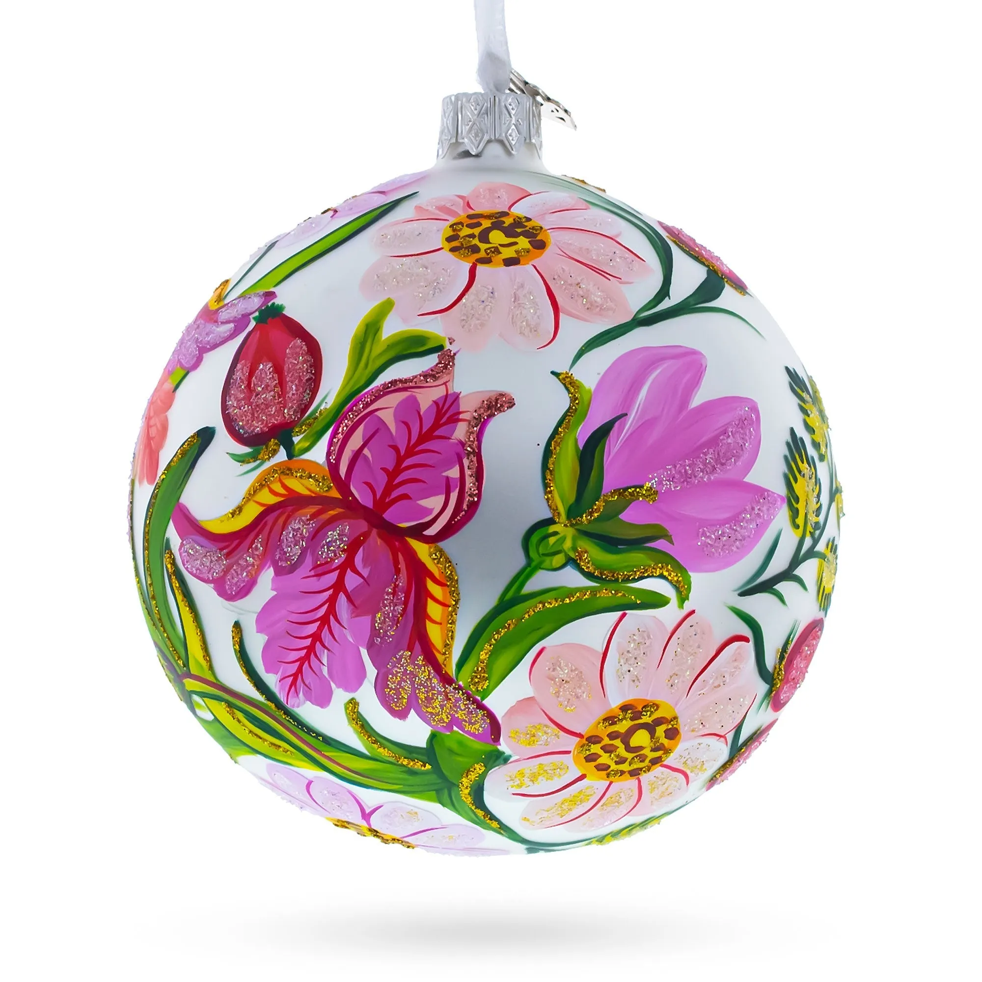 Irises And Cosmeya Flowers Glass Ball Ornament