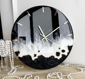 Kala Resin art - Black & White Ocean Resin Art with Golden Outline, (16 inches) (Hand Made Resin Wall Clock, Clock for Livingroom & Bedroom, Home Decor, Epoxy Art)