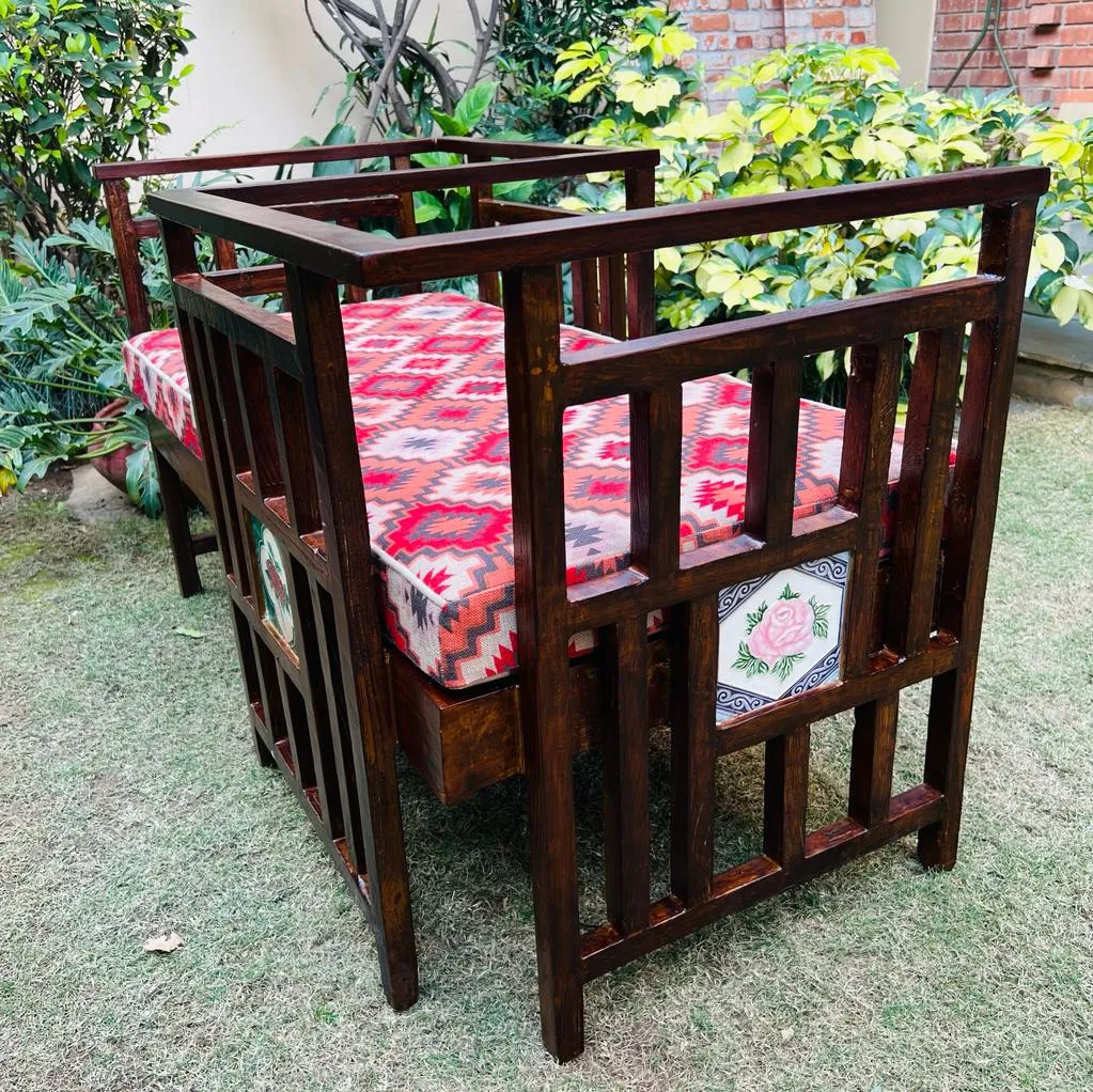 Love Seat with Antique Tiled Panels and Red Ikat Style Upholstry; Mussarat 1