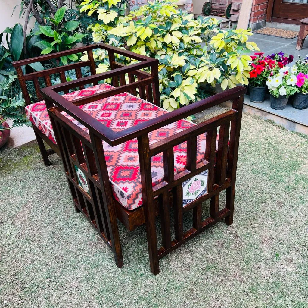 Love Seat with Antique Tiled Panels and Red Ikat Style Upholstry; Mussarat 1