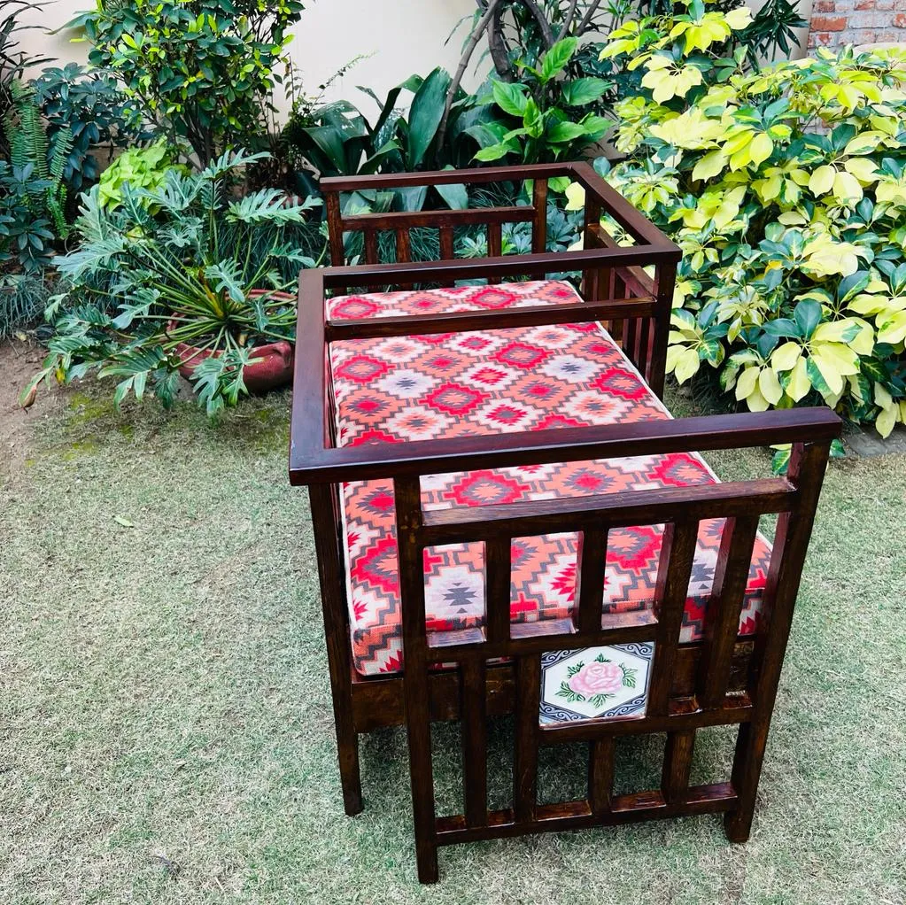 Love Seat with Antique Tiled Panels and Red Ikat Style Upholstry; Mussarat 1