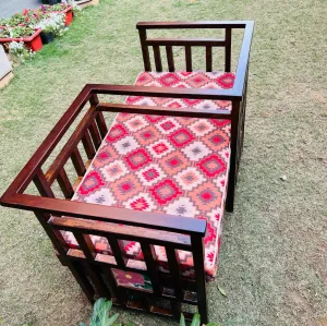 Love Seat with Antique Tiled Panels and Red Ikat Style Upholstry; Mussarat 1