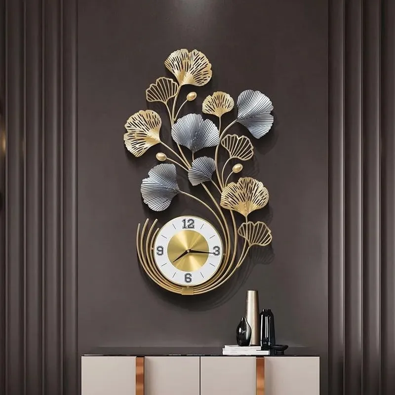 Metal Ginkgo Leaf Wall Clock Living Room Decorative Wall Clock Modern Design Wall Clock (Gold) 32 Inch - Analog