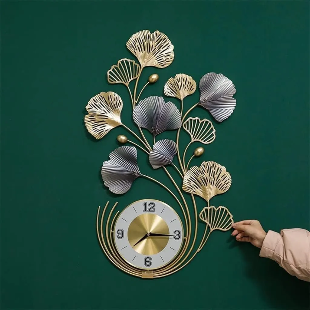 Metal Ginkgo Leaf Wall Clock Living Room Decorative Wall Clock Modern Design Wall Clock (Gold) 32 Inch - Analog