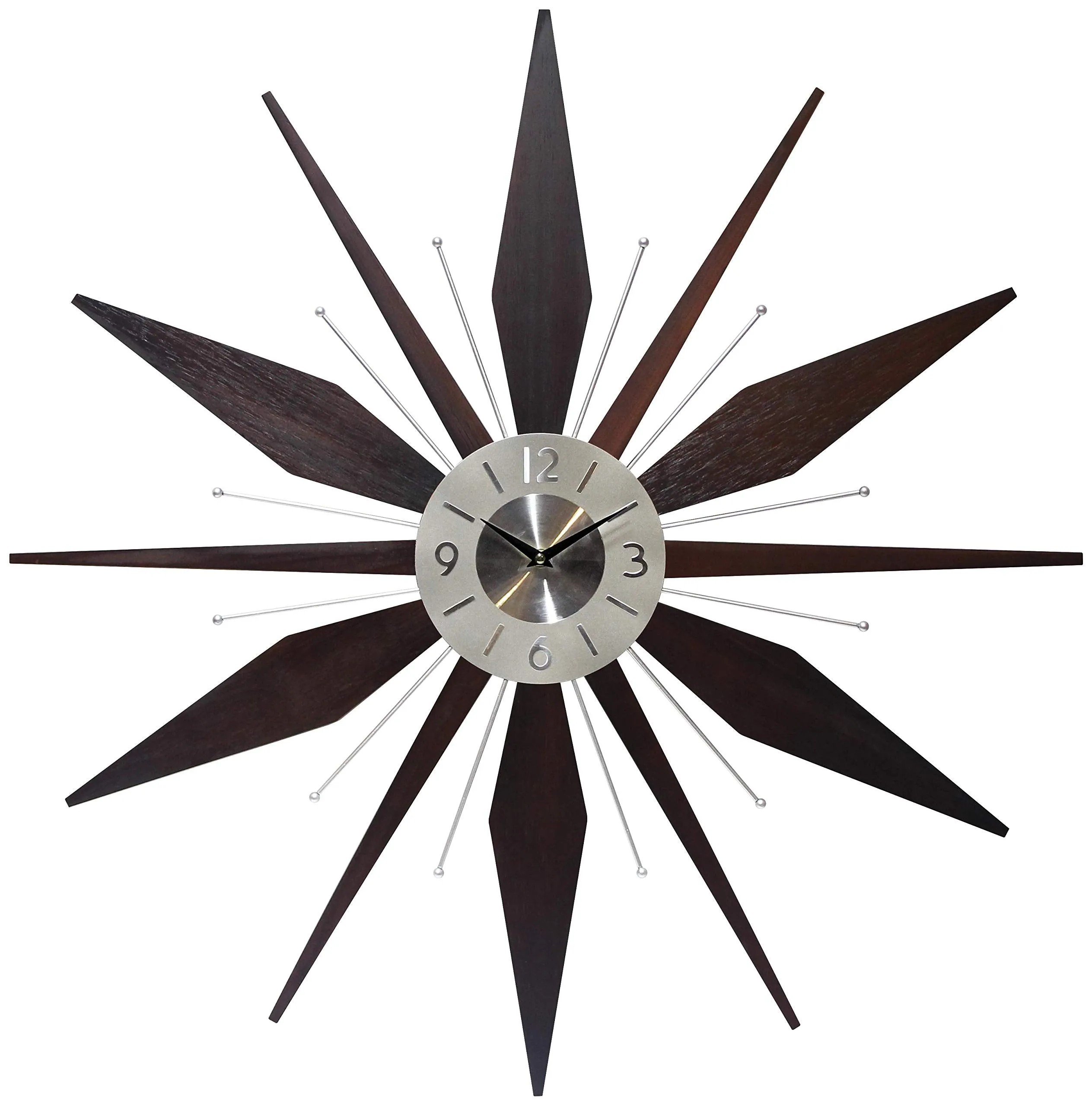 Mid century Mantle Clock Starburst Wall Clock Large 30 inch Midcentury Modern Wall Clock Unique Modern Design Sunburst Clock Mid Century Wall Decor for Living Room, Kitchen, Bedroom Walnut Wall Clock