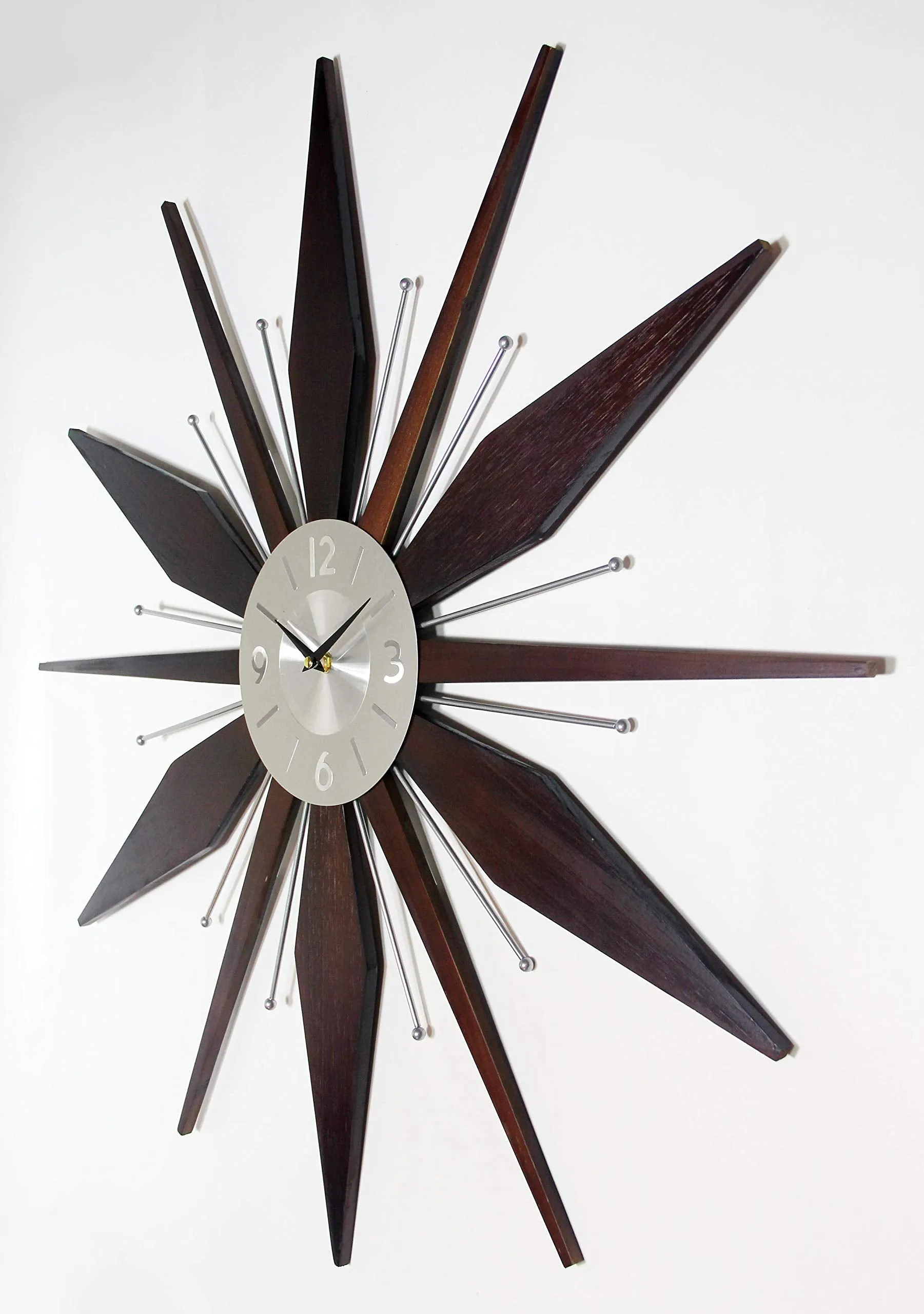 Mid century Mantle Clock Starburst Wall Clock Large 30 inch Midcentury Modern Wall Clock Unique Modern Design Sunburst Clock Mid Century Wall Decor for Living Room, Kitchen, Bedroom Walnut Wall Clock