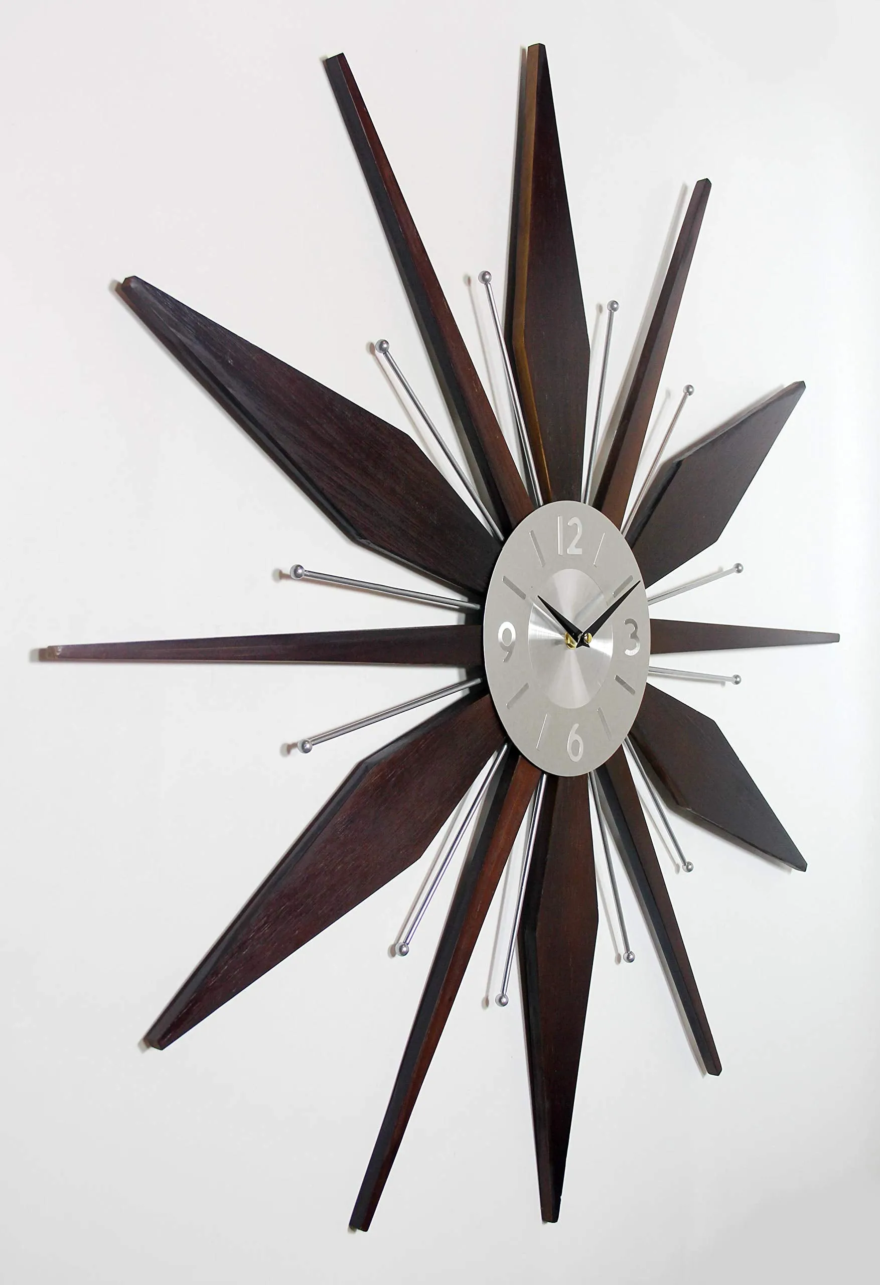 Mid century Mantle Clock Starburst Wall Clock Large 30 inch Midcentury Modern Wall Clock Unique Modern Design Sunburst Clock Mid Century Wall Decor for Living Room, Kitchen, Bedroom Walnut Wall Clock