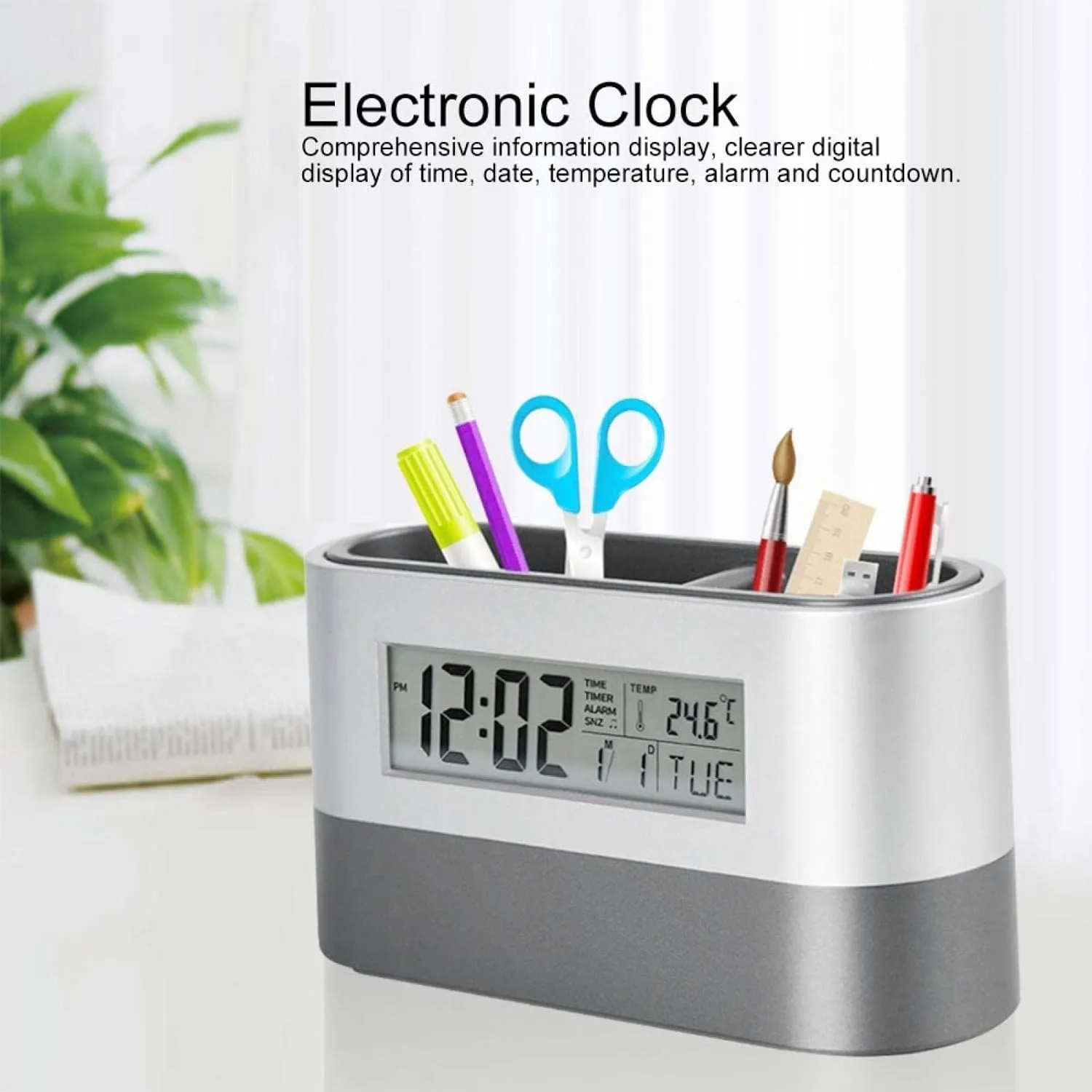 NXZ Oval Desk Stand Pen Holder Table Clock Office Decore Digital Clock Pen Holder